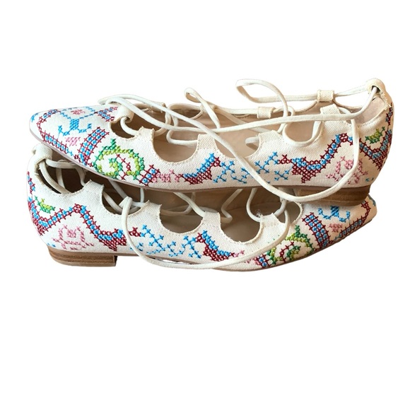 Billy Ella (Anthropologie) Lace Up Embroidered Cross Stitch Canvas Ballet flats - Picture 3 of 7
